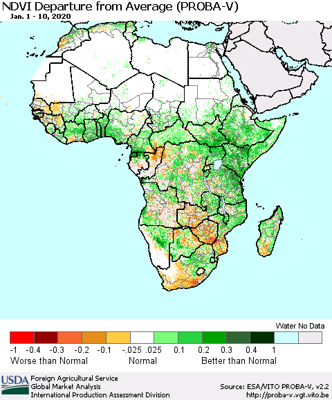 Africa NDVI Departure from Average (PROBA-V) Thematic Map For 1/1/2020 - 1/10/2020