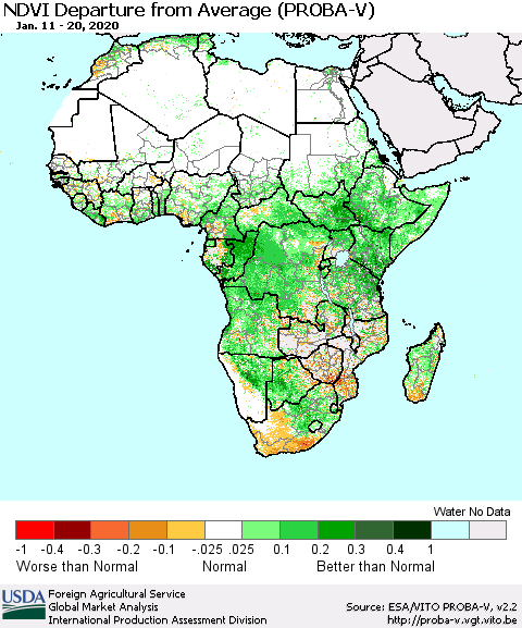 Africa NDVI Departure from Average (PROBA-V) Thematic Map For 1/11/2020 - 1/20/2020