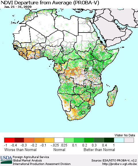 Africa NDVI Departure from Average (PROBA-V) Thematic Map For 1/21/2020 - 1/31/2020