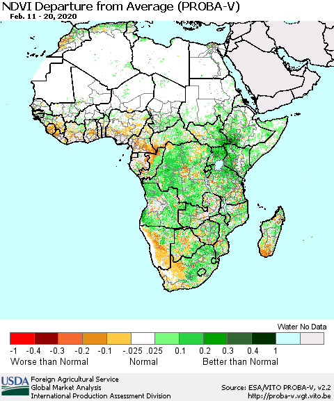 Africa NDVI Departure from Average (PROBA-V) Thematic Map For 2/11/2020 - 2/20/2020