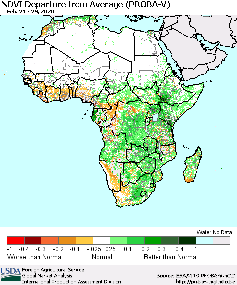 Africa NDVI Departure from Average (PROBA-V) Thematic Map For 2/21/2020 - 2/29/2020
