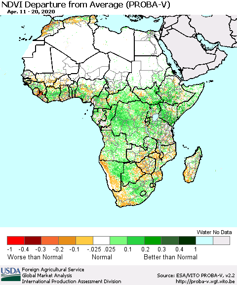 Africa NDVI Departure from Average (PROBA-V) Thematic Map For 4/11/2020 - 4/20/2020