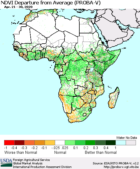 Africa NDVI Departure from Average (PROBA-V) Thematic Map For 4/21/2020 - 4/30/2020