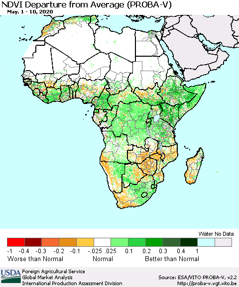 Africa NDVI Departure from Average (PROBA-V) Thematic Map For 5/1/2020 - 5/10/2020