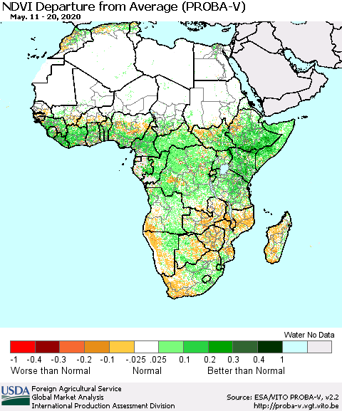 Africa NDVI Departure from Average (PROBA-V) Thematic Map For 5/11/2020 - 5/20/2020