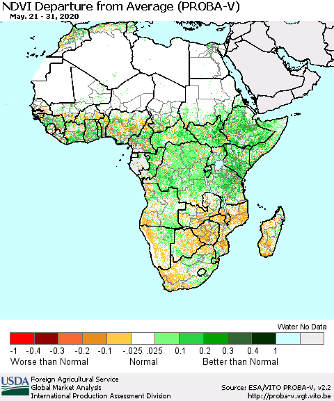 Africa NDVI Departure from Average (PROBA-V) Thematic Map For 5/21/2020 - 5/31/2020