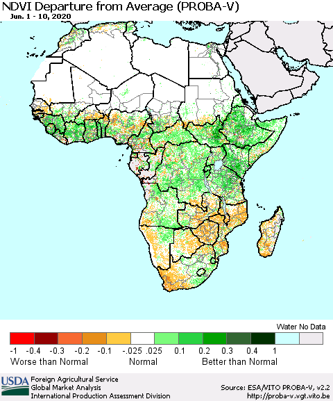 Africa NDVI Departure from Average (PROBA-V) Thematic Map For 6/1/2020 - 6/10/2020