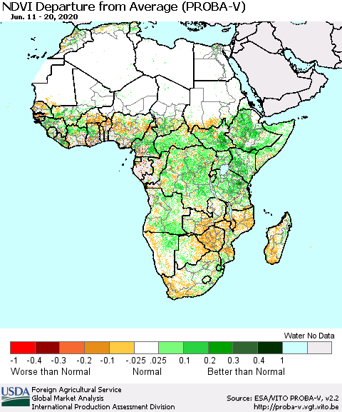 Africa NDVI Departure from Average (PROBA-V) Thematic Map For 6/11/2020 - 6/20/2020