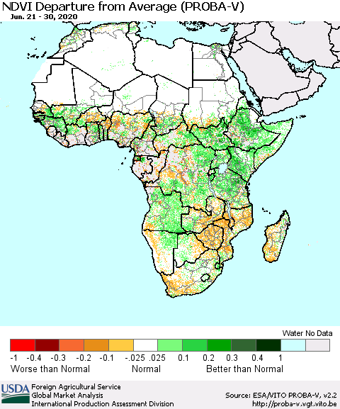 Africa NDVI Departure from Average (PROBA-V) Thematic Map For 6/21/2020 - 6/30/2020