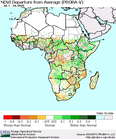 Africa NDVI Departure from Average (PROBA-V) Thematic Map For 7/1/2020 - 7/10/2020