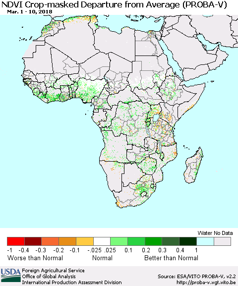 Africa NDVI Crop-masked Departure from Average (PROBA-V) Thematic Map For 3/1/2018 - 3/10/2018