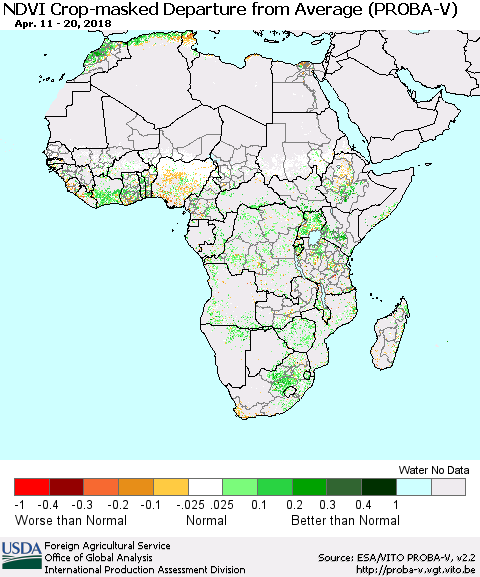 Africa NDVI Crop-masked Departure from Average (PROBA-V) Thematic Map For 4/11/2018 - 4/20/2018