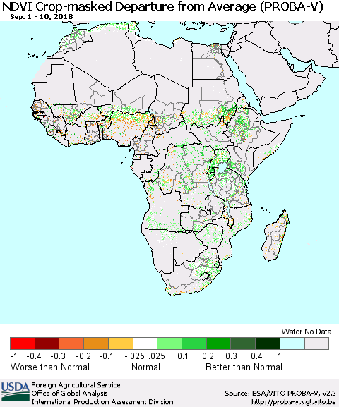 Africa NDVI Crop-masked Departure from Average (PROBA-V) Thematic Map For 9/1/2018 - 9/10/2018