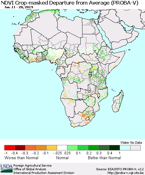 Africa NDVI Crop-masked Departure from Average (PROBA-V) Thematic Map For 1/11/2019 - 1/20/2019