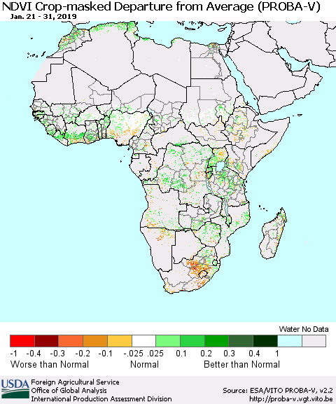 Africa NDVI Crop-masked Departure from Average (PROBA-V) Thematic Map For 1/21/2019 - 1/31/2019
