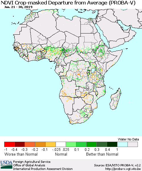 Africa NDVI Crop-masked Departure from Average (PROBA-V) Thematic Map For 6/21/2019 - 6/30/2019
