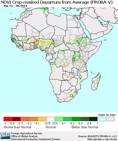 Africa NDVI Crop-masked Departure from Average (PROBA-V) Thematic Map For 9/21/2019 - 9/30/2019