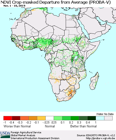 Africa NDVI Crop-masked Departure from Average (PROBA-V) Thematic Map For 11/1/2019 - 11/10/2019