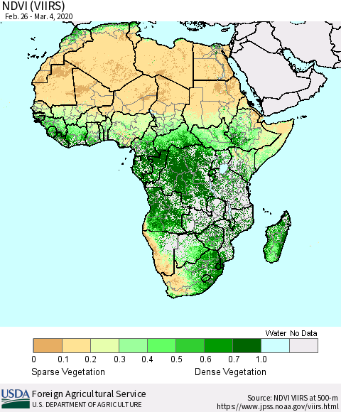 Africa NDVI (VIIRS) Thematic Map For 3/1/2020 - 3/10/2020