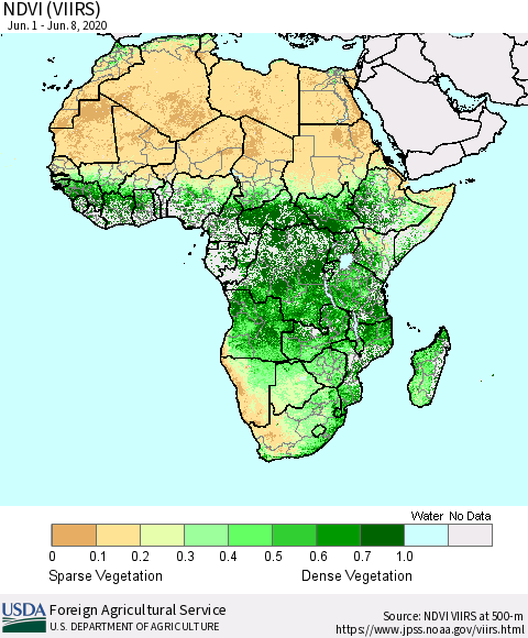Africa NDVI (VIIRS) Thematic Map For 6/1/2020 - 6/10/2020