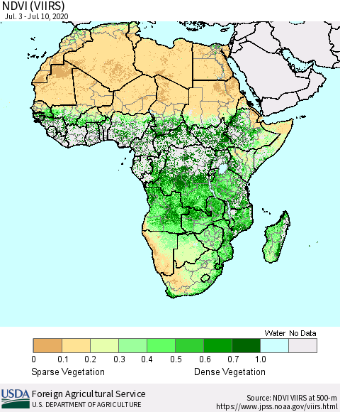 Africa NDVI (VIIRS) Thematic Map For 7/1/2020 - 7/10/2020