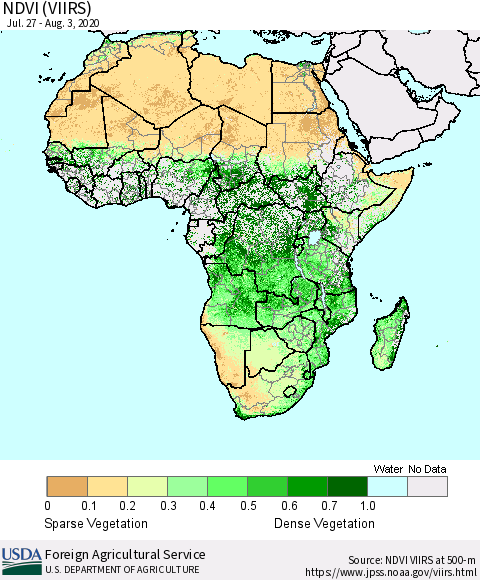Africa NDVI (VIIRS) Thematic Map For 8/1/2020 - 8/10/2020