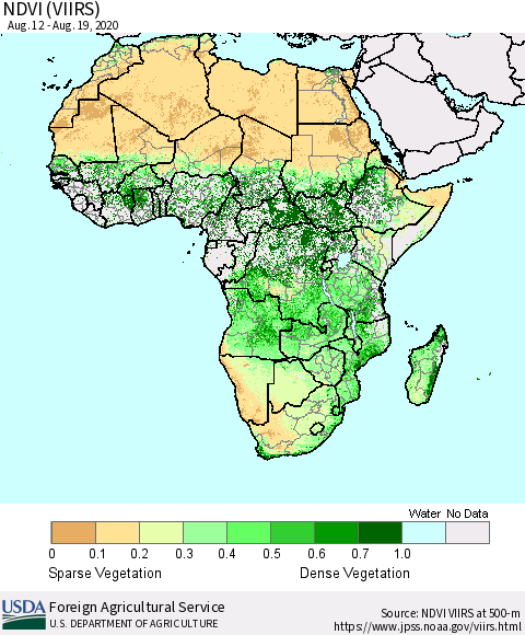Africa NDVI (VIIRS) Thematic Map For 8/11/2020 - 8/20/2020