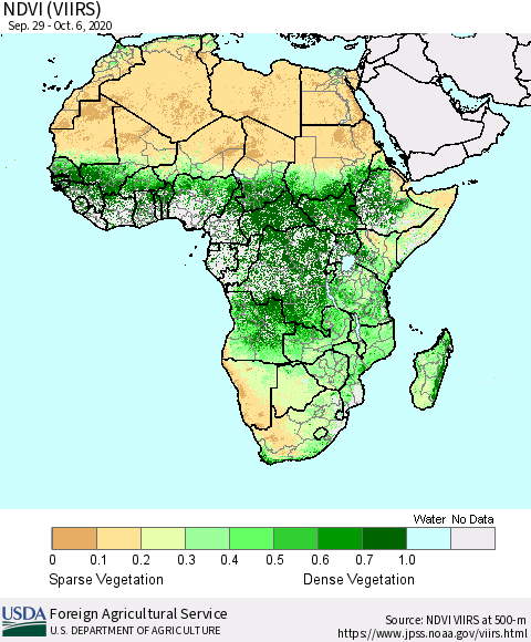 Africa NDVI (VIIRS) Thematic Map For 10/1/2020 - 10/10/2020