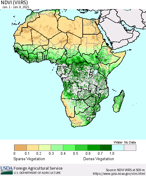 Africa NDVI (VIIRS) Thematic Map For 1/1/2021 - 1/10/2021