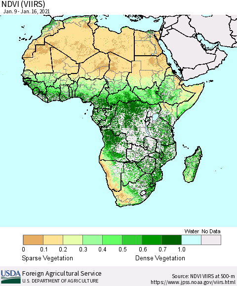 Africa NDVI (VIIRS) Thematic Map For 1/11/2021 - 1/20/2021