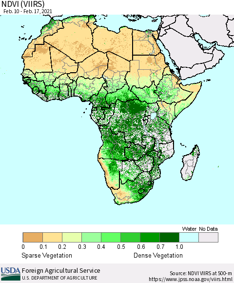 Africa NDVI (VIIRS) Thematic Map For 2/11/2021 - 2/20/2021