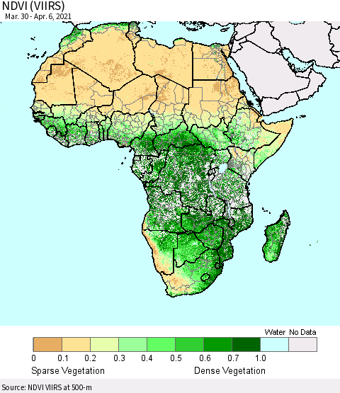 Africa NDVI (VIIRS) Thematic Map For 3/30/2021 - 4/6/2021