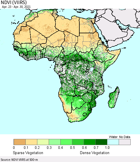Africa NDVI (VIIRS) Thematic Map For 4/21/2021 - 4/30/2021