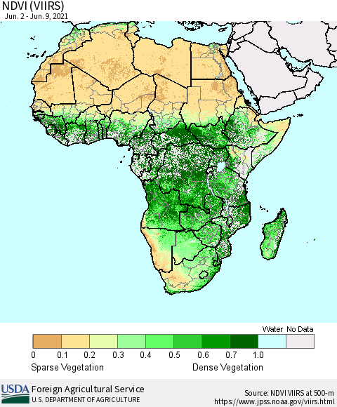Africa NDVI (VIIRS) Thematic Map For 6/1/2021 - 6/10/2021