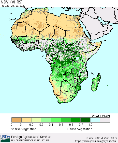 Africa NDVI (VIIRS) Thematic Map For 7/21/2021 - 7/31/2021
