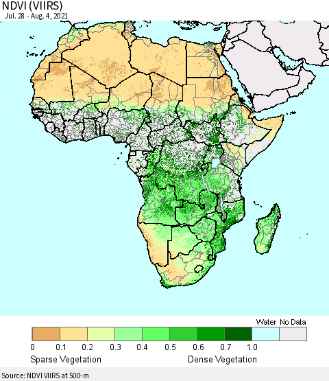 Africa NDVI (VIIRS) Thematic Map For 7/28/2021 - 8/4/2021