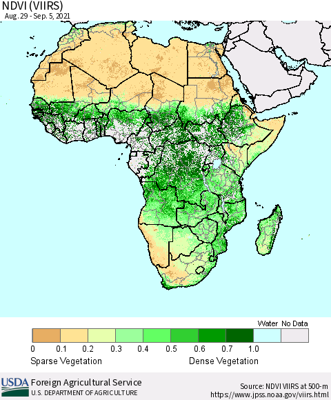 Africa NDVI (VIIRS) Thematic Map For 9/1/2021 - 9/10/2021