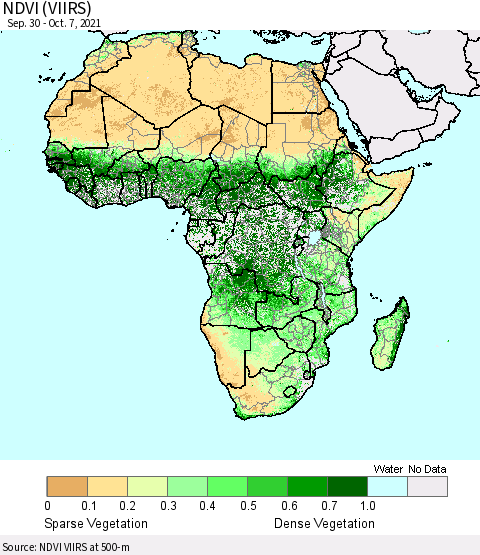 Africa NDVI (VIIRS) Thematic Map For 9/30/2021 - 10/7/2021