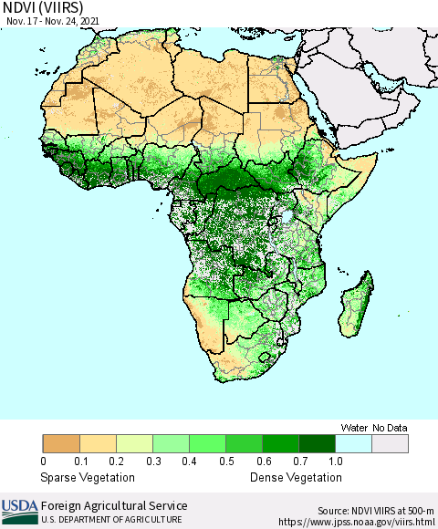 Africa NDVI (VIIRS) Thematic Map For 11/21/2021 - 11/30/2021