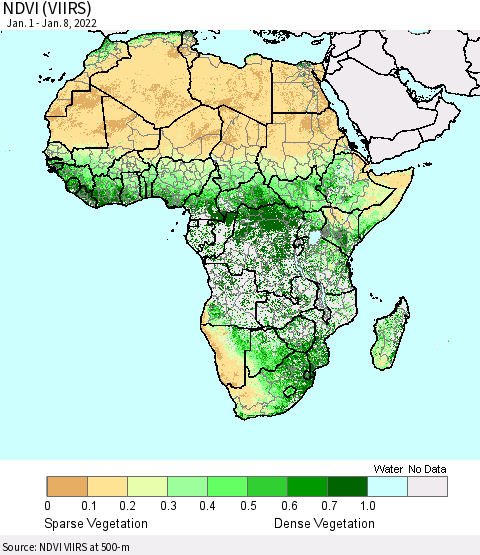 Africa NDVI (VIIRS) Thematic Map For 1/1/2022 - 1/8/2022