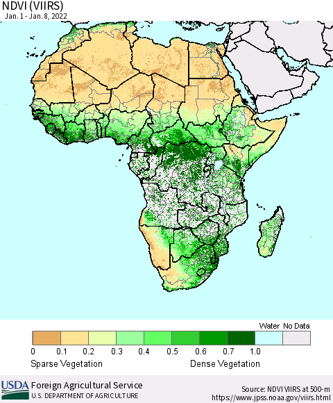 Africa NDVI (VIIRS) Thematic Map For 1/1/2022 - 1/10/2022