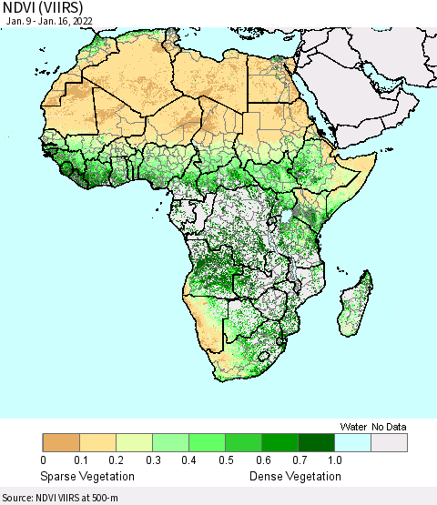 Africa NDVI (VIIRS) Thematic Map For 1/9/2022 - 1/16/2022