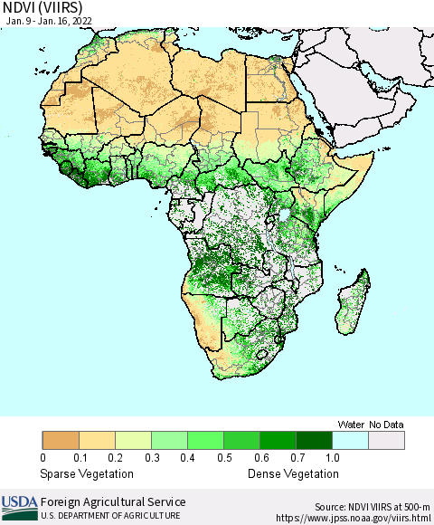 Africa NDVI (VIIRS) Thematic Map For 1/11/2022 - 1/20/2022