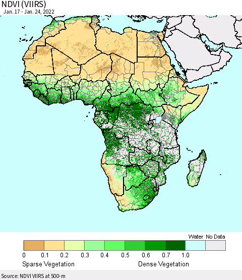 Africa NDVI (VIIRS) Thematic Map For 1/17/2022 - 1/24/2022