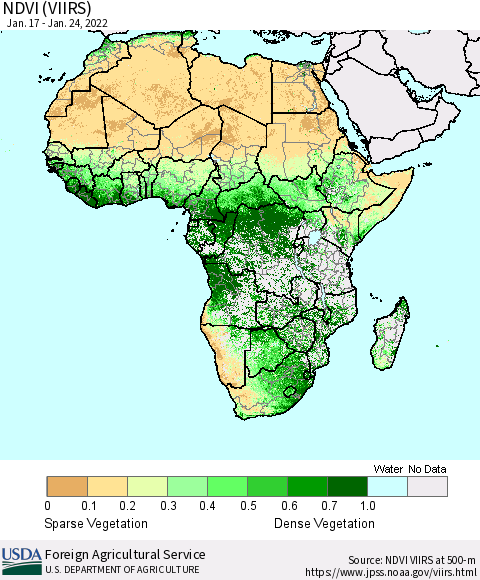 Africa NDVI (VIIRS) Thematic Map For 1/21/2022 - 1/31/2022