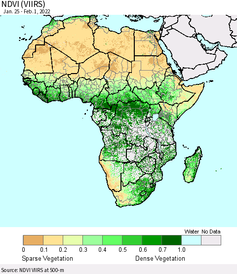 Africa NDVI (VIIRS) Thematic Map For 1/25/2022 - 2/1/2022