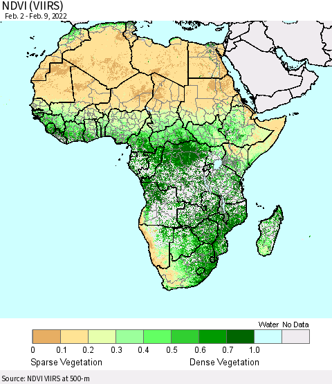 Africa NDVI (VIIRS) Thematic Map For 2/2/2022 - 2/9/2022