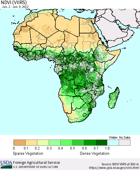Africa NDVI (VIIRS) Thematic Map For 6/1/2022 - 6/10/2022