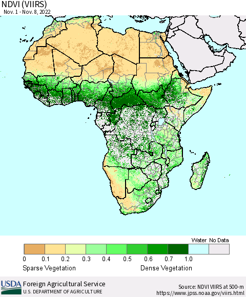 Africa NDVI (VIIRS) Thematic Map For 11/1/2022 - 11/10/2022