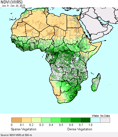 Africa NDVI (VIIRS) Thematic Map For 1/9/2023 - 1/16/2023